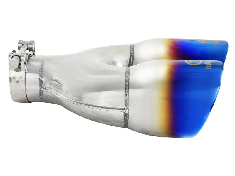aFe Takeda 2.5in 304 Stainless Steel Clamp-on Exhaust Tip Driver Side 2.5in Inlet 4inDual-Blue Flame - Installation View