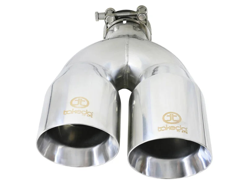 aFe Takeda 2.5in 304 Stainless Steel Clamp-on Exhaust Tip Drivers Side 2.5in Inlet 4inDual- Polished - Back View