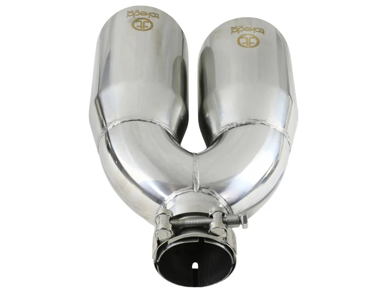 aFe Takeda 2.5in 304 Stainless Steel Clamp-on Exhaust Tip Drivers Side 2.5in Inlet 4inDual- Polished - Installation View