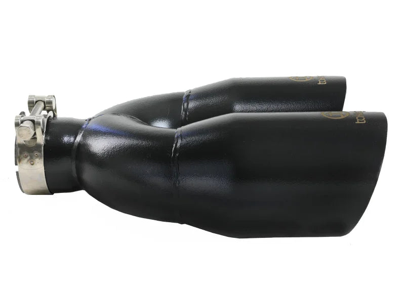 aFe Takeda 2.5in 304 Stainless Steel Clamp-on Exhaust Tip Passenger Side 2.5in Inlet 4inDual - Black - Installation View