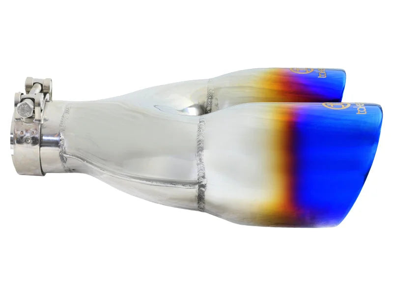 aFe Takeda 2.5in 304 Stainless Steel Clamp-on Exhaust Tip Passenger Side 2.5in Inlet 4inDual - Blue - Back View