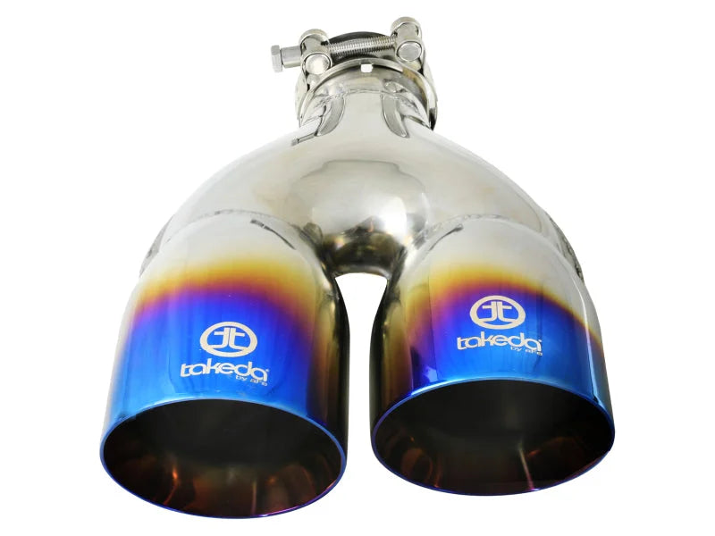 aFe Takeda 2.5in 304 Stainless Steel Clamp-on Exhaust Tip Passenger Side 2.5in Inlet 4inDual - Blue - Installation View