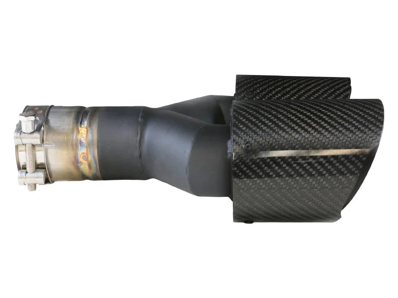 aFe Takeda 2.5in 304 Stainless Steel Clamp-on Exhaust Tip Passenger Side 2.5in Inlet 4inDual-Carbon - Side View