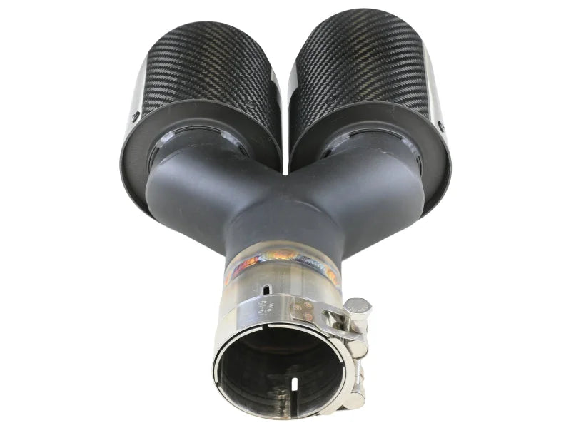 aFe Takeda 2.5in 304 Stainless Steel Clamp-on Exhaust Tip Passenger Side 2.5in Inlet 4inDual-Carbon - Installation View
