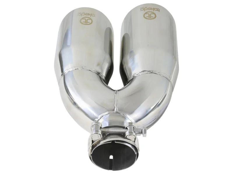 aFe Takeda 2.5in 304 Stainless Steel Clamp-on Tip Passenger Side 2.5in Inlet 4inDual - Polished - Back View