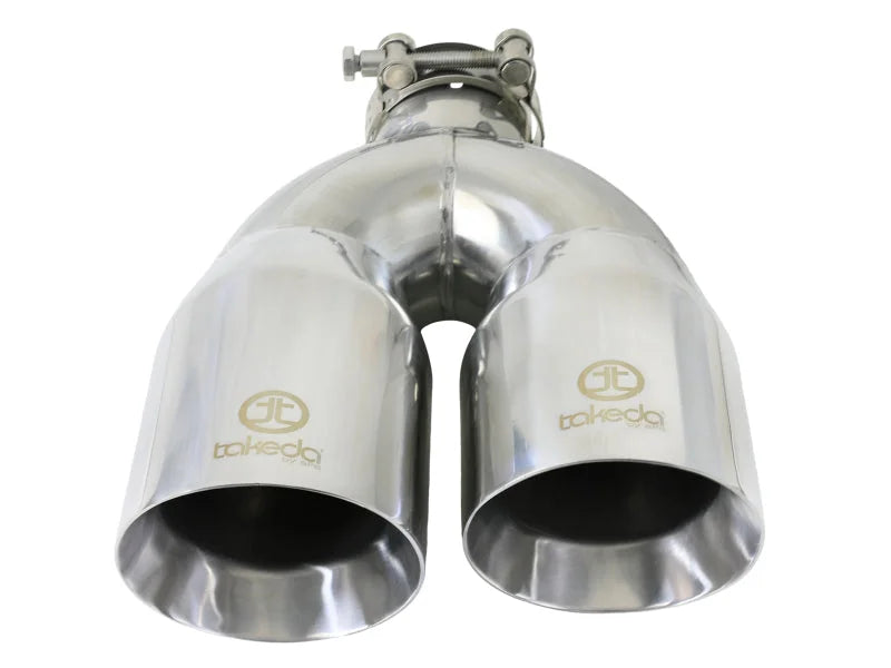 aFe Takeda 2.5in 304 Stainless Steel Clamp-on Tip Passenger Side 2.5in Inlet 4inDual - Polished - Installation View