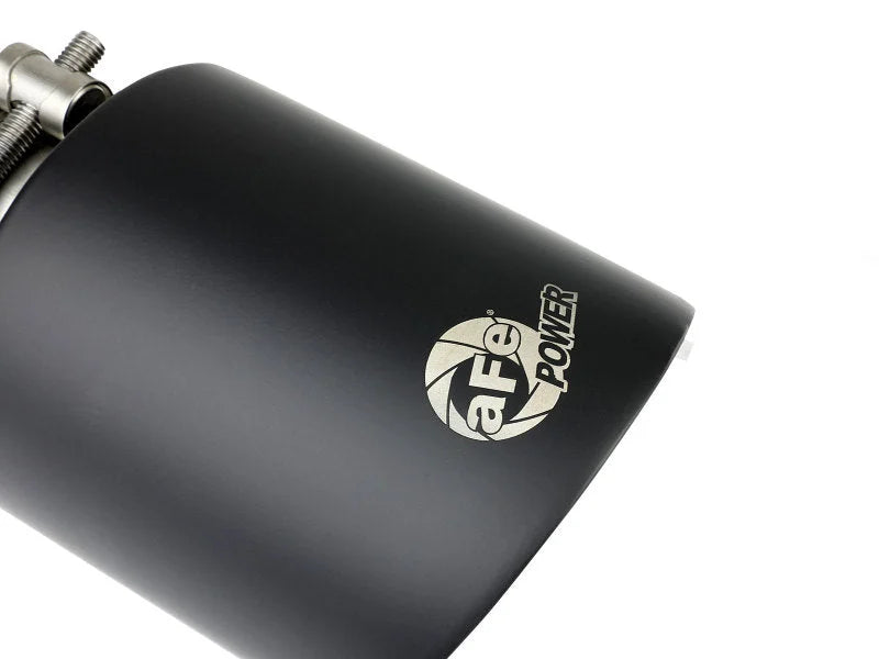 aFe Takeda 304 SS Clamp-On Exhaust Tip 2.5in. Inlet / 4.5in. Outlet / 7in. L - Black - Side View
