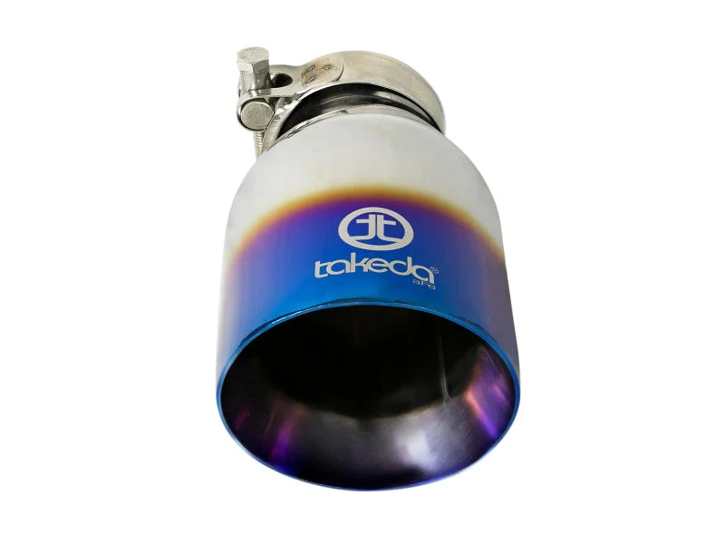 aFe Takeda 304 Stainless Steel Clamp-On Exhaust Tip 2.5in Inlet / 4in Outlet - Blue Flame - Back View