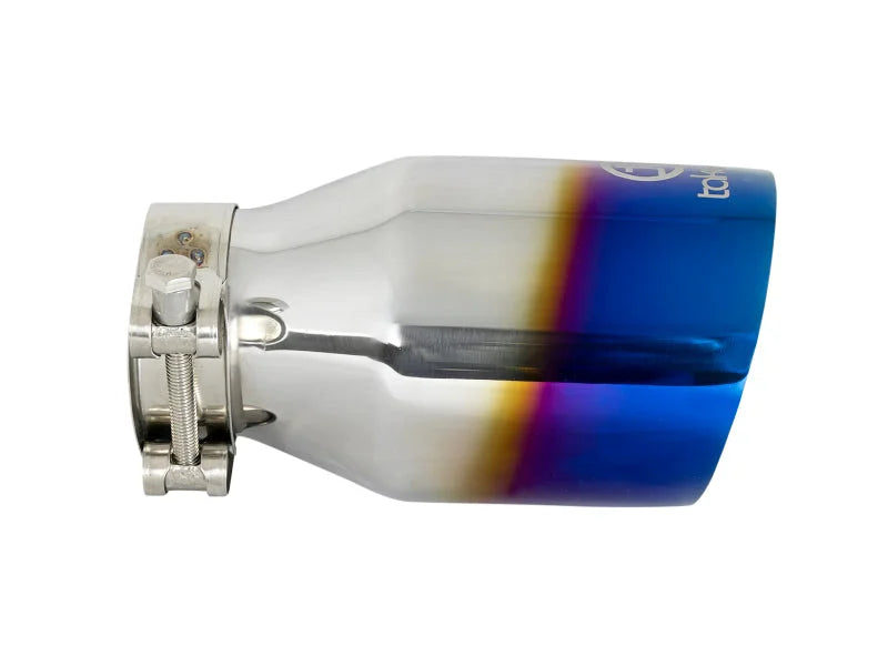 aFe Takeda 304 Stainless Steel Clamp-On Exhaust Tip 2.5in Inlet / 4in Outlet - Blue Flame - Installation View