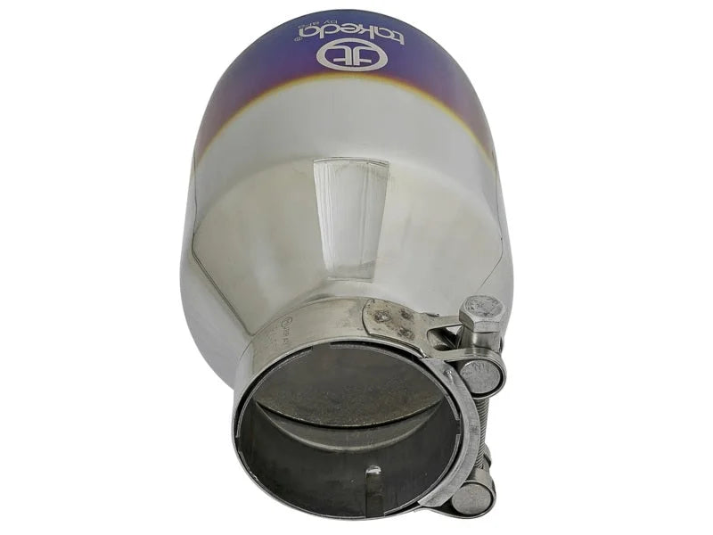 aFe Takeda 304 Stainless Steel Clamp-On Exhaust Tip 2.5in. Inlet / 4.5in. Outlet - Blue Flame - Back View