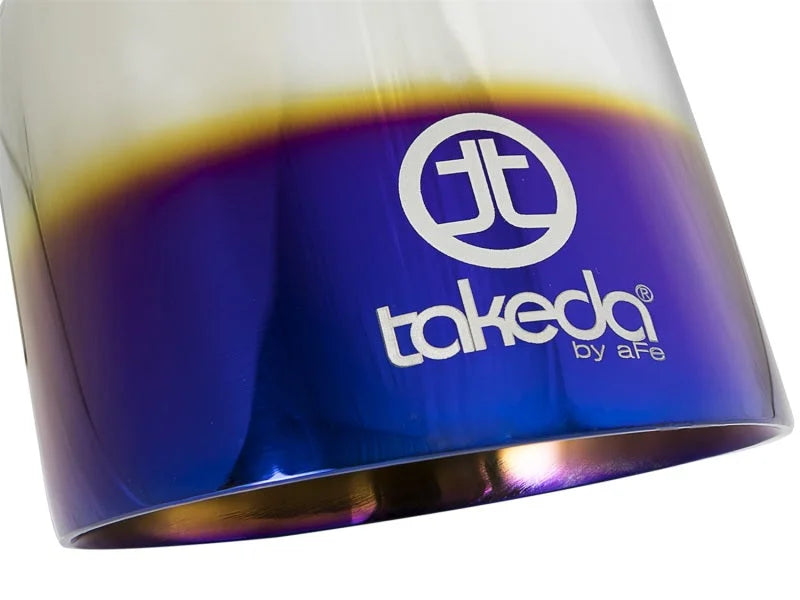 aFe Takeda 304 Stainless Steel Clamp-On Exhaust Tip 2.5in. Inlet / 4.5in. Outlet - Blue Flame - Installation View