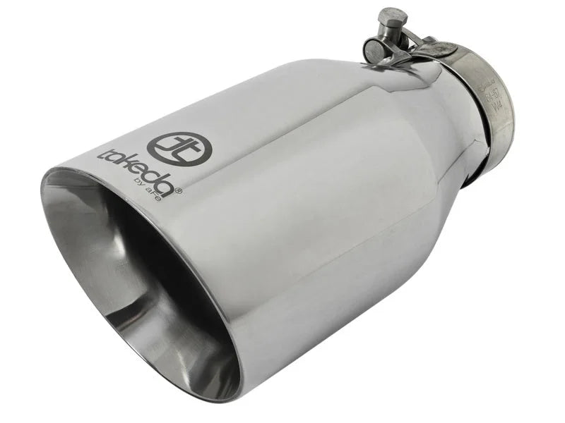 aFe Takeda 304 Stainless Steel Clamp-On Exhaust Tip 2.5in. Inlet / 4.5in. Outlet / 9in. L - Polished - Main Product View