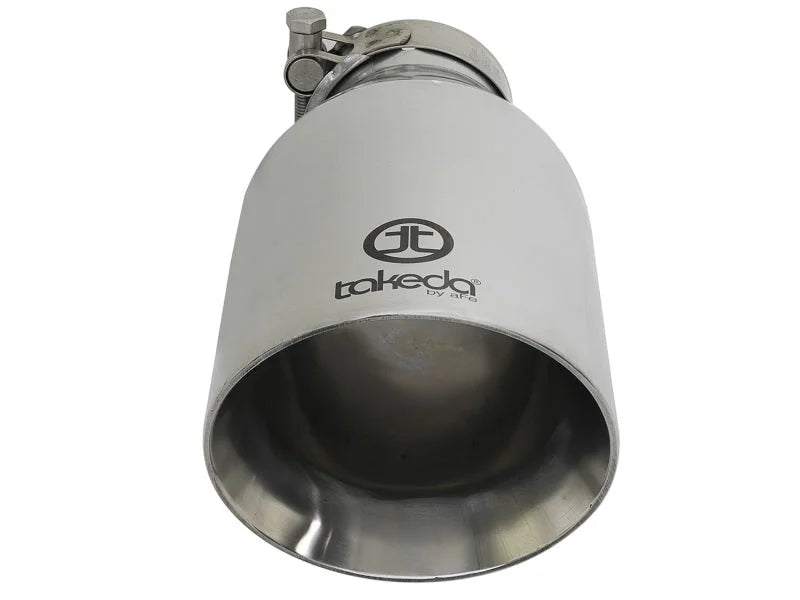 aFe Takeda 304 Stainless Steel Clamp-On Exhaust Tip 2.5in. Inlet / 4.5in. Outlet / 9in. L - Polished - Side View