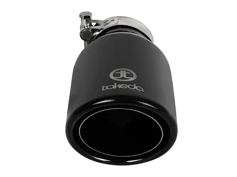 aFe Takeda 304 Stainless Steel Clamp-On Exhaust Tip 2.5in.Inlet / 4in Outlet - Black - Installation View