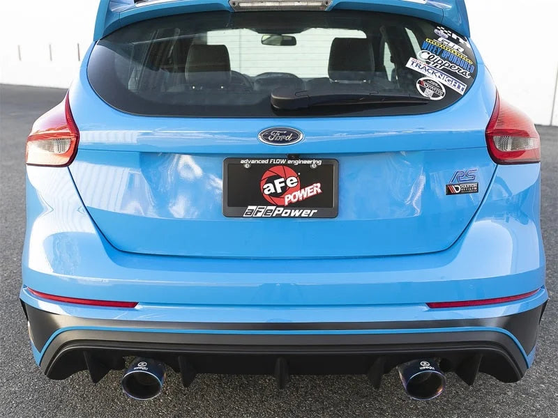 aFe Takeda 3in 304 SS Cat-Back Exhaust System w/ Blue Flame Tip 16-18 Ford Focus RS I4-2.3L (t) - Side View
