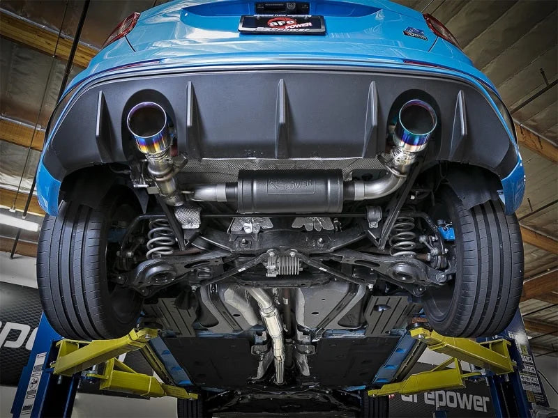 aFe Takeda 3in 304 SS Cat-Back Exhaust System w/ Blue Flame Tip 16-18 Ford Focus RS I4-2.3L (t) - Back View