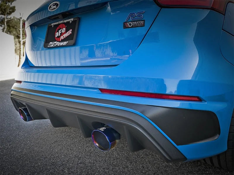 aFe Takeda 3in 304 SS Cat-Back Exhaust System w/ Blue Flame Tip 16-18 Ford Focus RS I4-2.3L (t) - Installation View