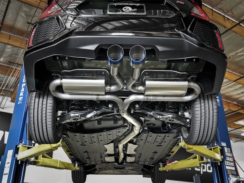 aFe Takeda 3in 304 SS Cat-Back Exhaust System w/ Blue Tips 2017+ Honda Civic Si 4Dr I4 1.5L (t) - Back View