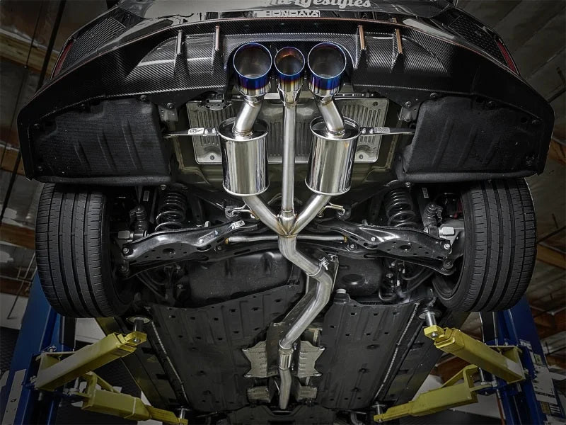 aFe Takeda 3in 304 SS Cat-Back Exhaust w/ Blue Flame Tips 2017+ Honda Civic Type R I4 2.0L (t) - Installation View