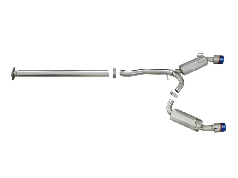 aFe Takeda 3in. to 2.5in. 304 SS C/B Exhaust 08-15 Mitsubishi EVO I4-2.0L (t) - Blue Flamed Tips - Side View