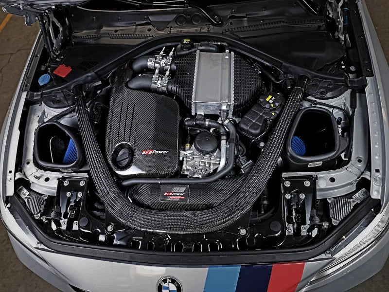 aFe Track Series Stg 2 Carbon Fiber Intake w/Pro 5R Media 15-20 BMW M3/M4(F80/82/83) L6-3.0L(tt) S55 - Side View