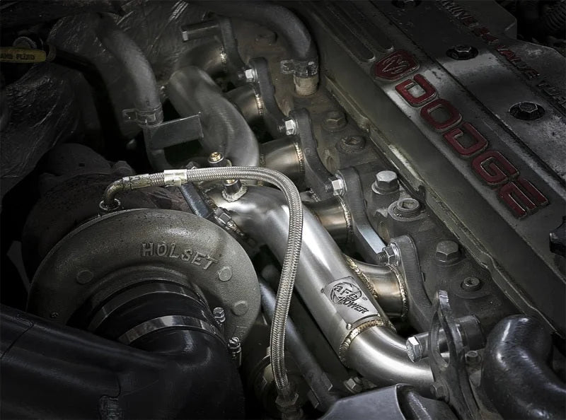 aFe Twisted Steel Header Turbo Manifold (T3) 98.5-02 Dodge Diesel Trucks L6 5.9L (td) - Side View