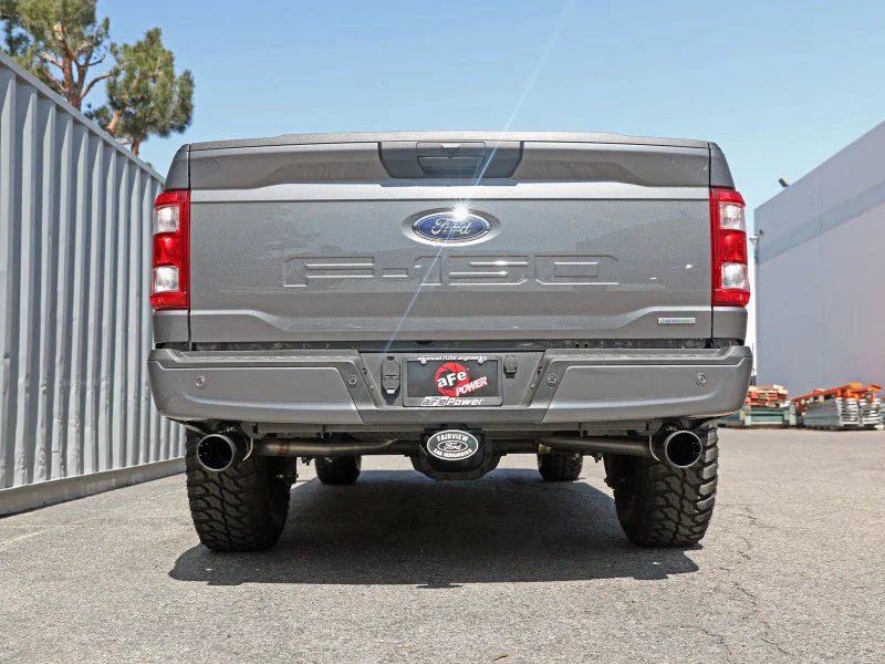aFe Vulcan 3in 304 SS Cat-Back Exhaust 2021 Ford F-150 V6 2.7L/3.5L (tt)/V8 5.0L w/ Black Tips - Back View