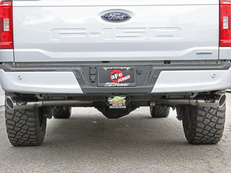 aFe Vulcan 3in 304 SS Cat-Back Exhaust 2021 Ford F-150 V6 2.7L/3.5L (tt)/V8 5.0L w/ Polished Tips - Back View