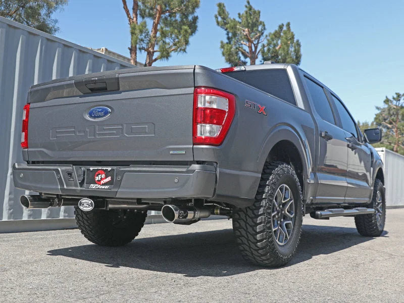aFe Vulcan 3in 304 SS Cat-Back Exhaust 2021 Ford F-150 V6 2.7L/3.5L (tt)/V8 5.0L w/ Polished Tips - Back View