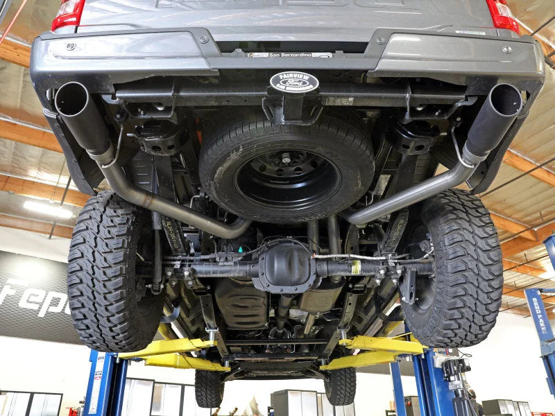 aFe Vulcan 3in 304 SS Cat-Back Exhaust 2021 Ford F-150 V6 2.7L/3.5L (tt)/V8 5.0L w/ Polished Tips - Installation View