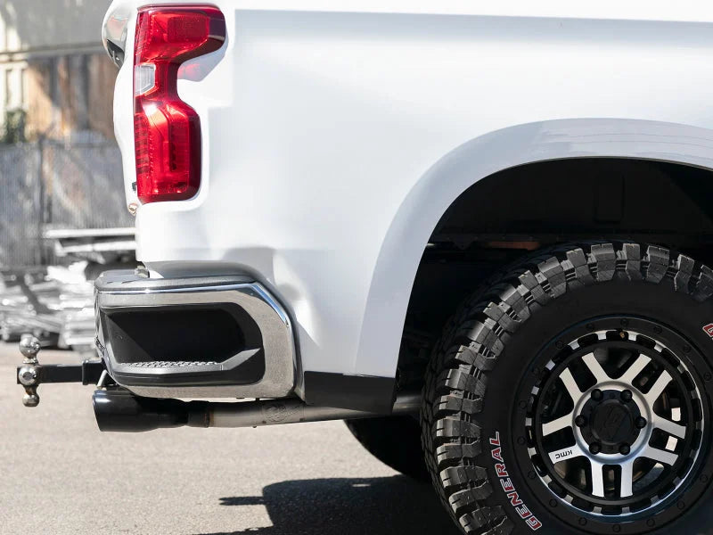 aFe Vulcan Series 3in-2-1/2in 304 SS Cat-Back 2019 GM Silverado / Sierra 1500 V8-5.3L w/ Black Tips - Back View