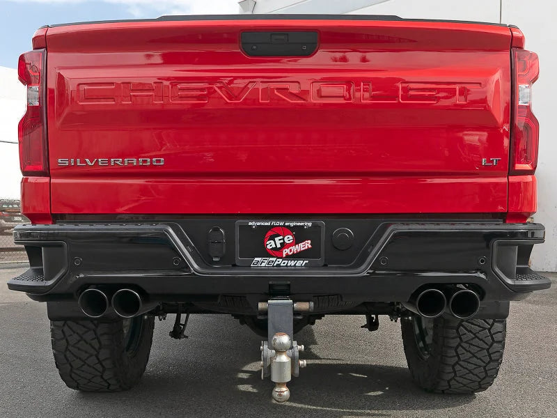 aFe Vulcan Series 3in 304 SS Exhaust Cat-Back w/ Black Tips 2019 GM Silverado/Sierra 1500 V8-5.3L - Back View