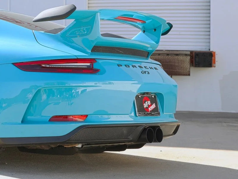 afe 14-16 Porsche 911 GT3 991.1 H6 3.8L MACH Force-Xp 304 SS Cat-Back Exhaust System w/ Black Tips - Side View
