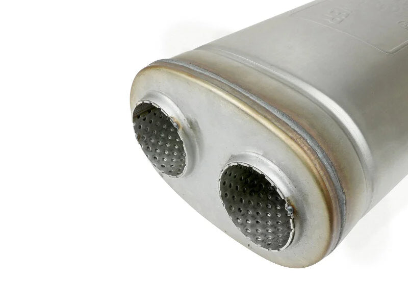 afe MACH Force-Xp Muffler 2-1/2 IN Dual Inlet/Dual Outlet 5 IN H x 8 IN W x 18 IN L - Oval Body - Side View