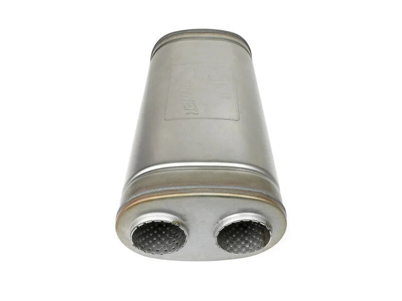 afe MACH Force-Xp Muffler 2-1/2 IN Dual Inlet/Dual Outlet 5 IN H x 8 IN W x 18 IN L - Oval Body - Back View