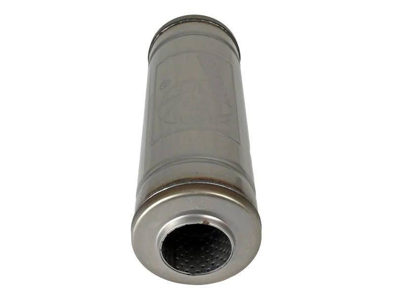 afe MACH Force-Xp Muffler 2-1/2 IN ID Center/Center x 9 IN Dia. x 14 IN L - Round Body - Side View