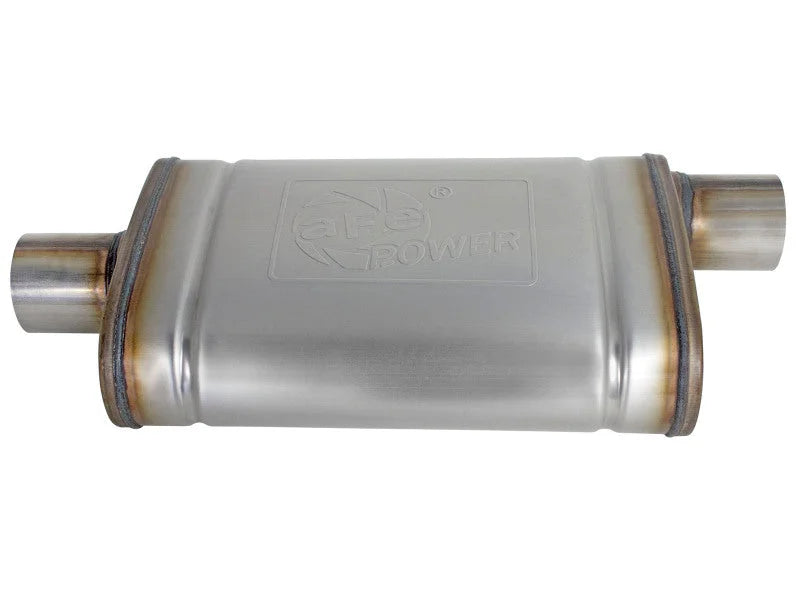 afe MACH Force-Xp Muffler 2-1/2 IN ID Offset/Center x 9 IN W x 4 IN H x 14 IN L - Oval Body - Back View