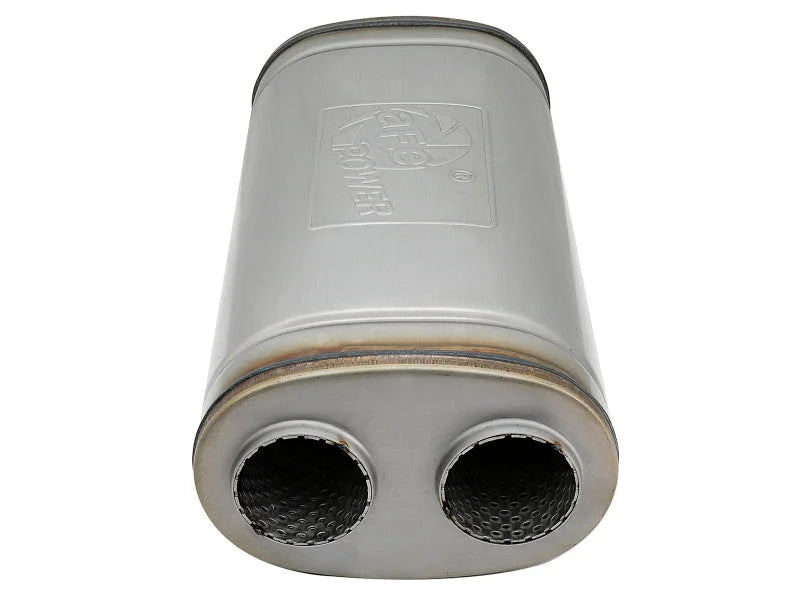 afe MACH Force-Xp Muffler 2-1/2 IN ID Offset/Dual x 18 IN L x 8 IN W x 5 IN H - Oval Body - Side View