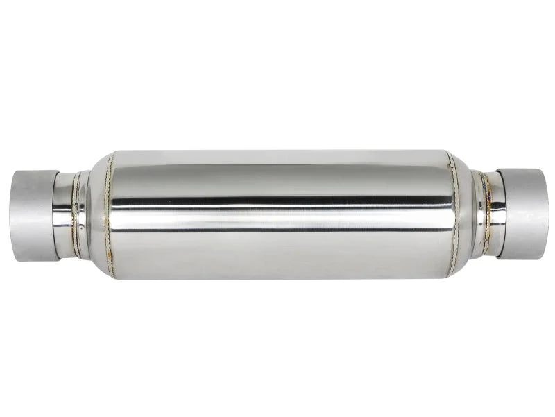 afe MACH Force-Xp Resonator 2-1/2 IN Inlet/Outlet x 4 IN Dia. x 12 IN Body x 15 IN Overall Length - Side View