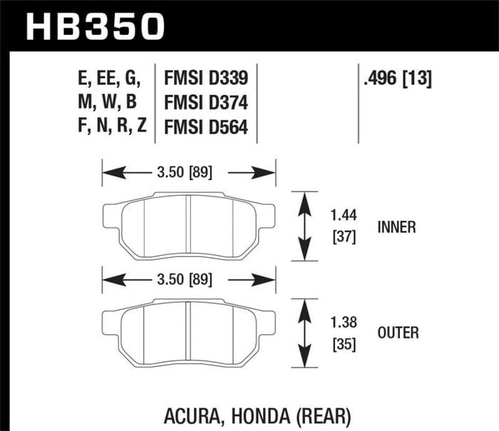 Hawk Performance Hawk 90-01 Acura Integra (excl Type R) / 98-00 Civic Coupe Si Blue 9012 Race Rear Brake Pads HAWKHB350E.496