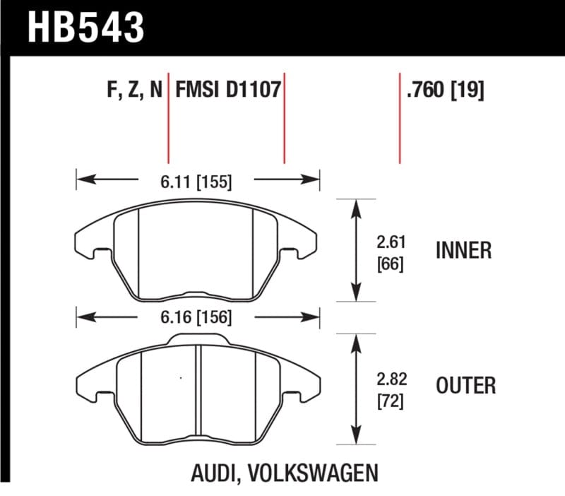 Hawk Performance Hawk Audi A3 Quattro / VW EOS / Golf / Jetta / Passat / Rabbit HPS Front Brake Pads HAWKHB543F.760