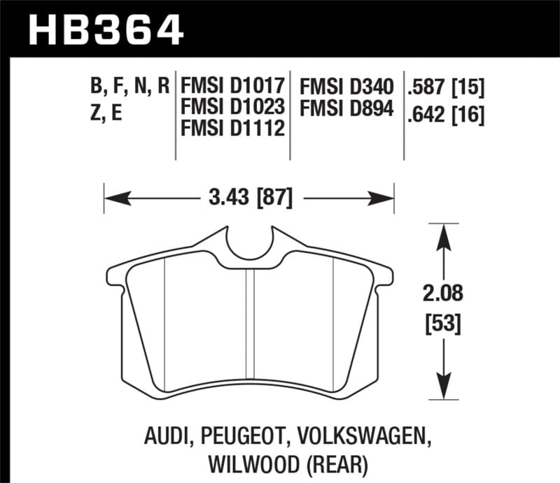 Hawk Performance Hawk (Various) Audi / Peugeot / Volkswagen Ceramic Street Rear Brake Pads HAWKHB364Z.642