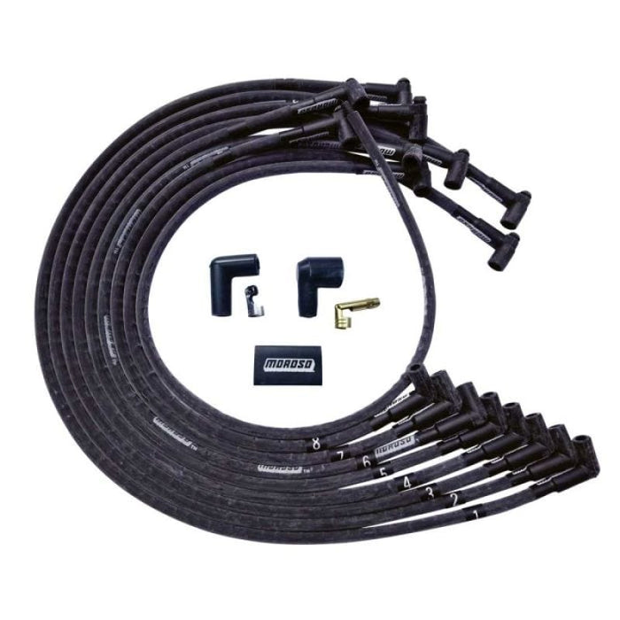 Moroso Moroso BBC Under Header 90 Deg Plug End HEI Sleeved Ultra Spark Plug Wire Set - Black MOR51543