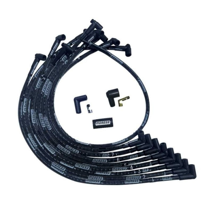 Moroso Moroso SBC Over Valve Cover 90 Deg Plug End HEI Sleeved Ultra Spark Plug Wire Set - Black MOR51525