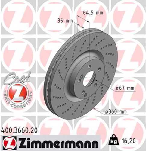 Zimmermann Coated Brake Disc 3660 fits 2008-2021 Mercedes-Benz C63 Amg / 2015-2023 Mercedes-Benz C63 Amg S / 2007-2014 Mercedes-Benz CL600 / 2012-2017 Mercedes-Benz E550
