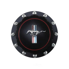 Load image into Gallery viewer, Scott Drake Billet Fuel Cap Black with Tri-Bar Horse Logo B-9030-H-BK fits 1964-1973 Ford Mustang