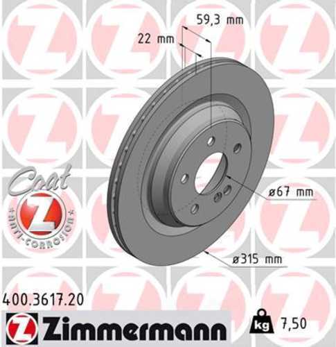 Zimmermann Brake Disc 3617 fits 2001-2002 Mercedes-Benz CL55 Amg / CL600 / S55 Amg / S600