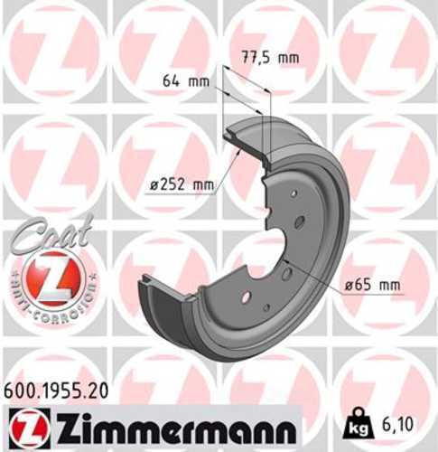Zimmermann Coated Brake Drum 600.1955.20 fits 1971-1979 Volkswagen Campmobile / Transporter