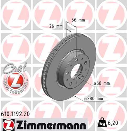Zimmermann Coated Brake Disc 1192 fits 1991-1992 Volvo 740 / 1991 Volvo 780 / 1991-1995 Volvo 940 / 1992-1994 Volvo 960