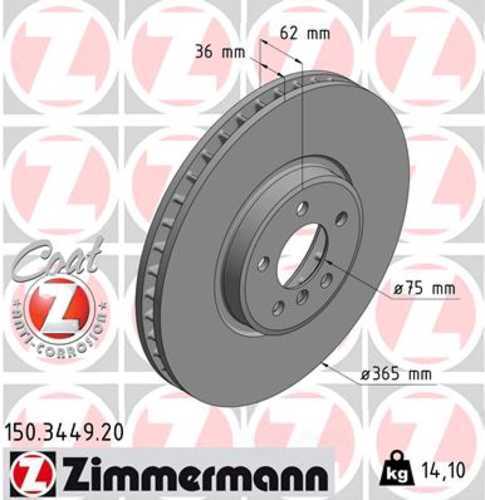 Zimmermann Coated Brake Disc 3449 fits 2011-2018 BMW X5 / 2008-2019 BMW X6